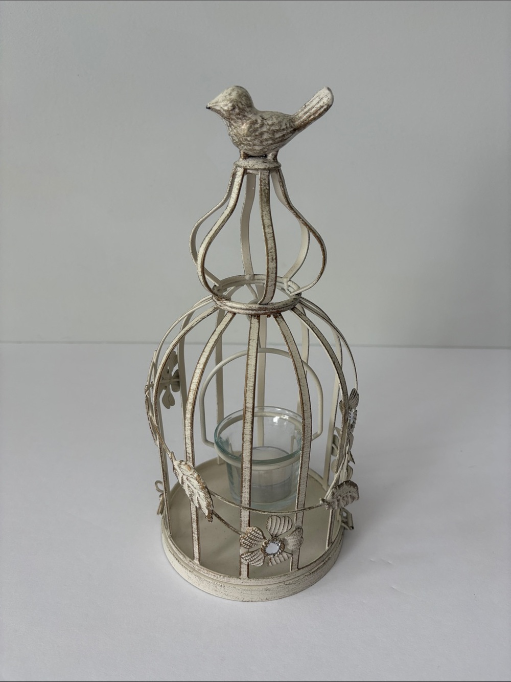 Pier 1 Imports Birdcage Lantern Candle Holder Bird Finial 12" Distressed Ivory